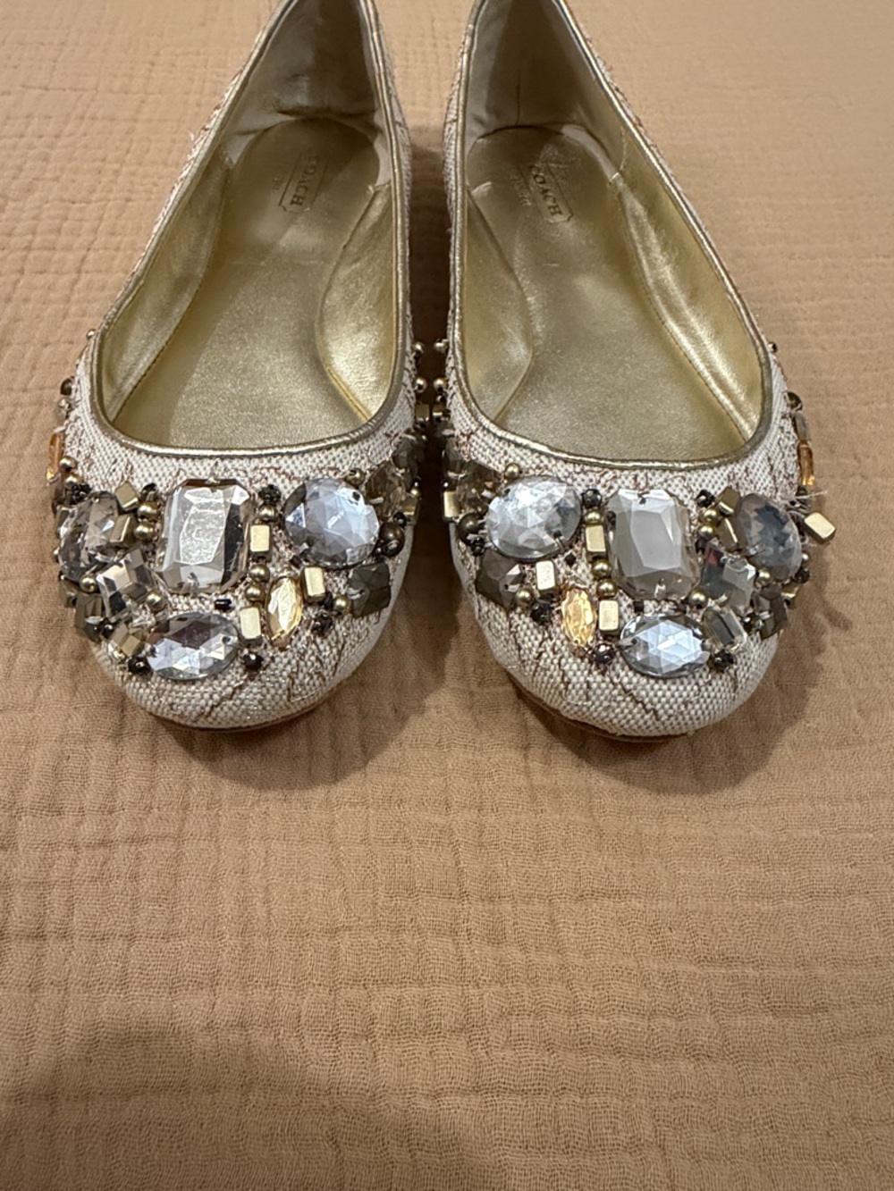 Coach Round-Toe Denisse Embellished Ballet Flats in Gold and Ivory Size 8.5 - Picture 4 of 9